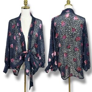 Free People Allure Floral Velvet Devore Tie Front Kimono in Black One Size NWT